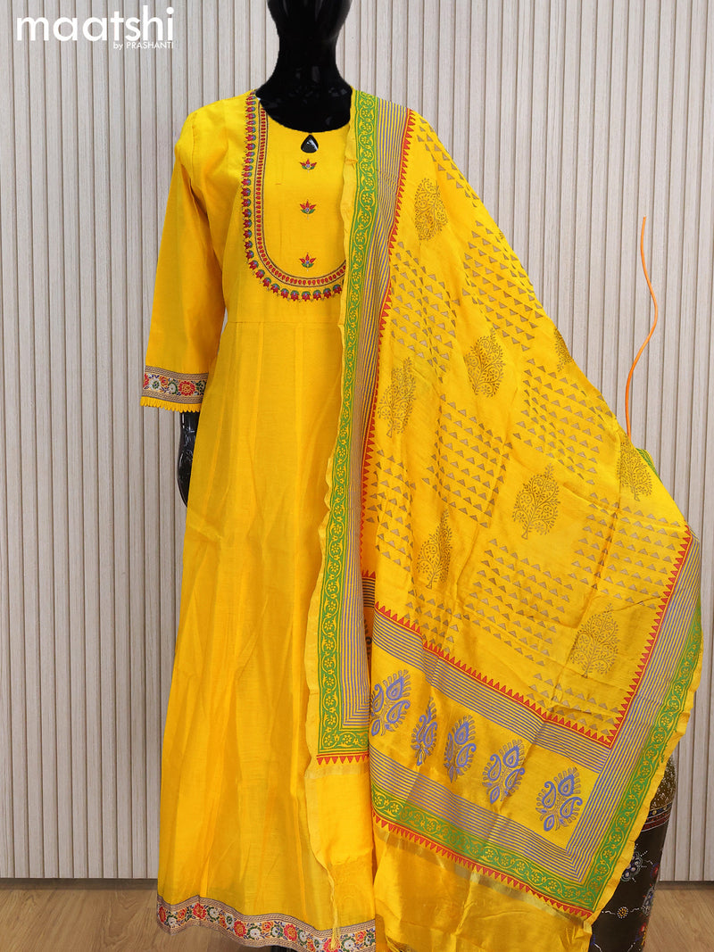 Raw silk readymade anarkali salwar suits yellow with embroidery work neck pattern and straight cut pant & dupatta
