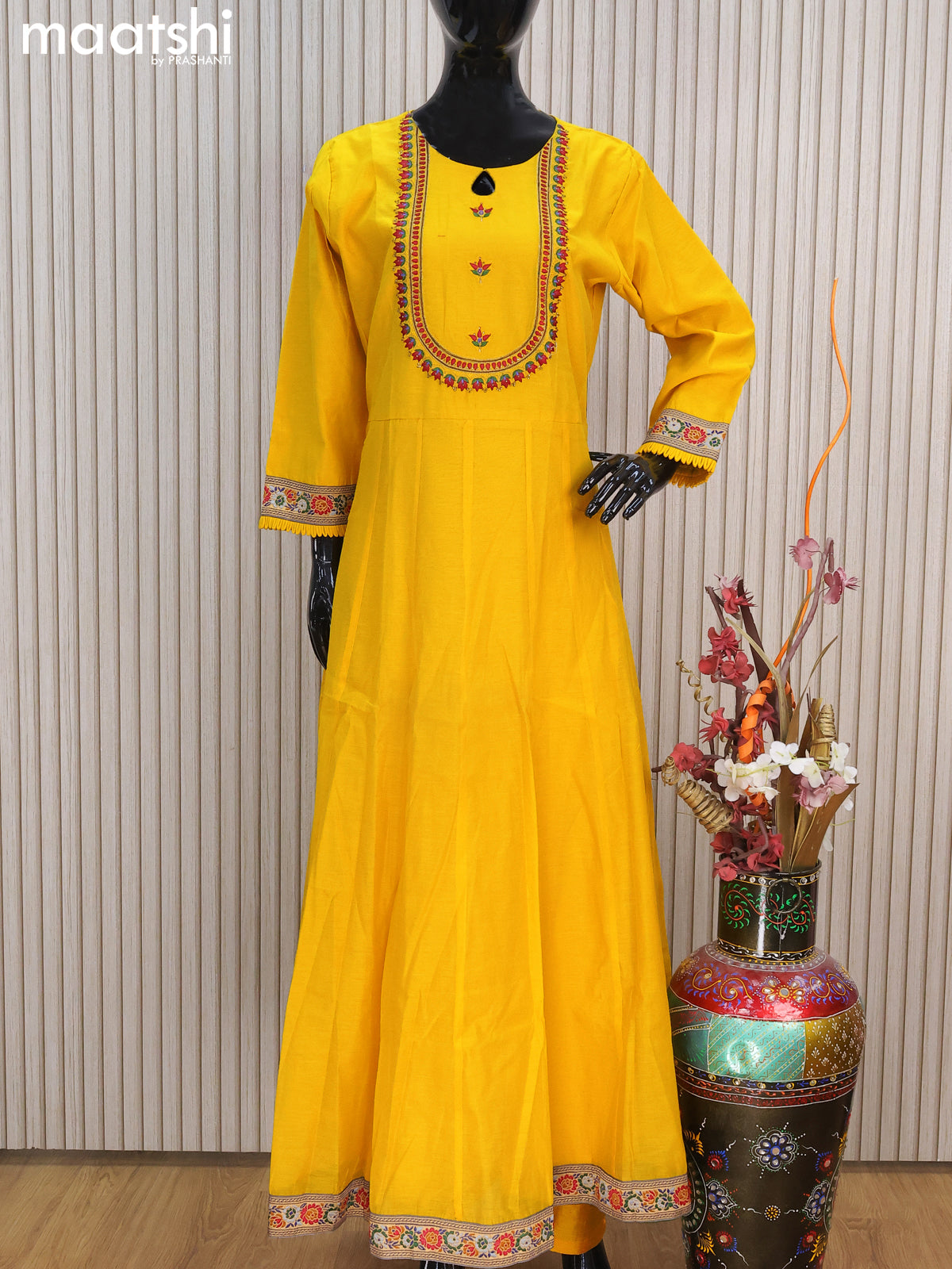Raw silk readymade anarkali salwar suits yellow with embroidery work neck pattern and straight cut pant & dupatta