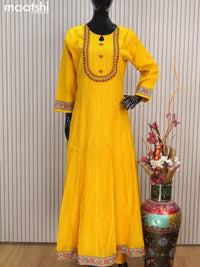 Raw silk readymade anarkali salwar suits yellow with embroidery work neck pattern and straight cut pant & dupatta