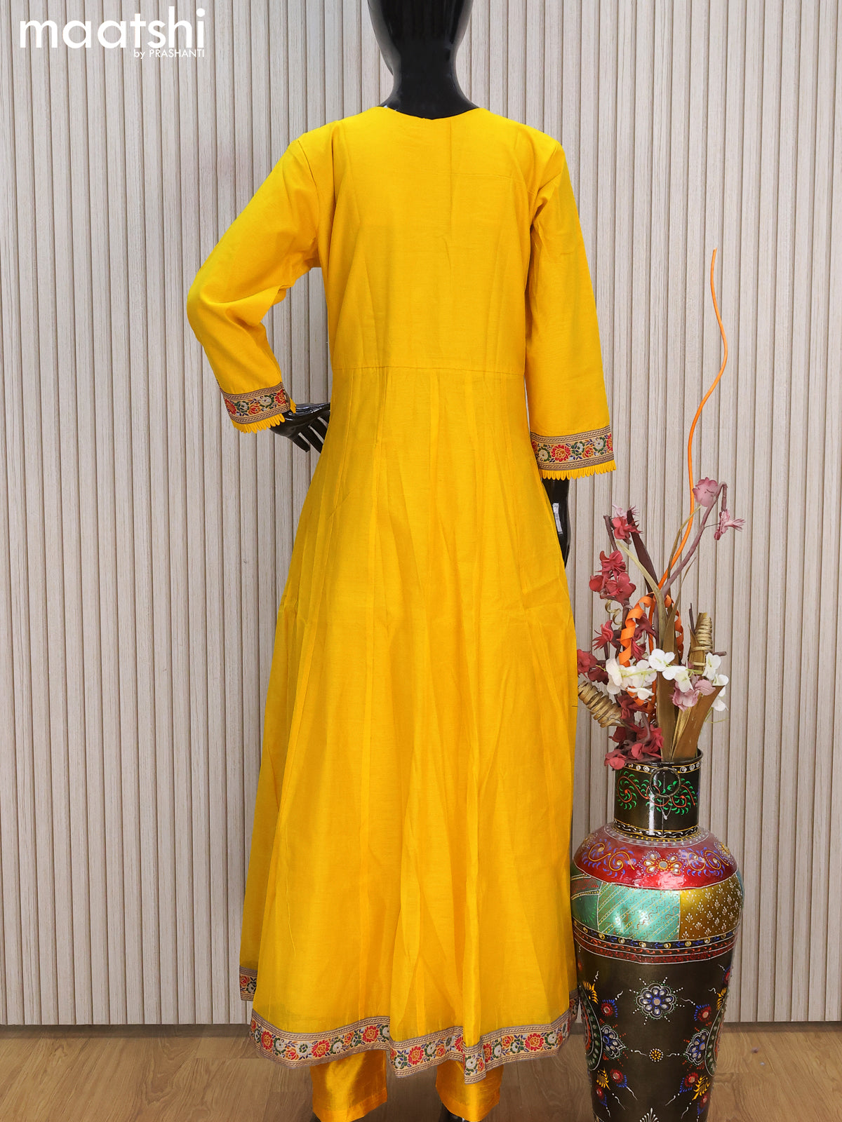 Raw silk readymade anarkali salwar suits yellow with embroidery work neck pattern and straight cut pant & dupatta