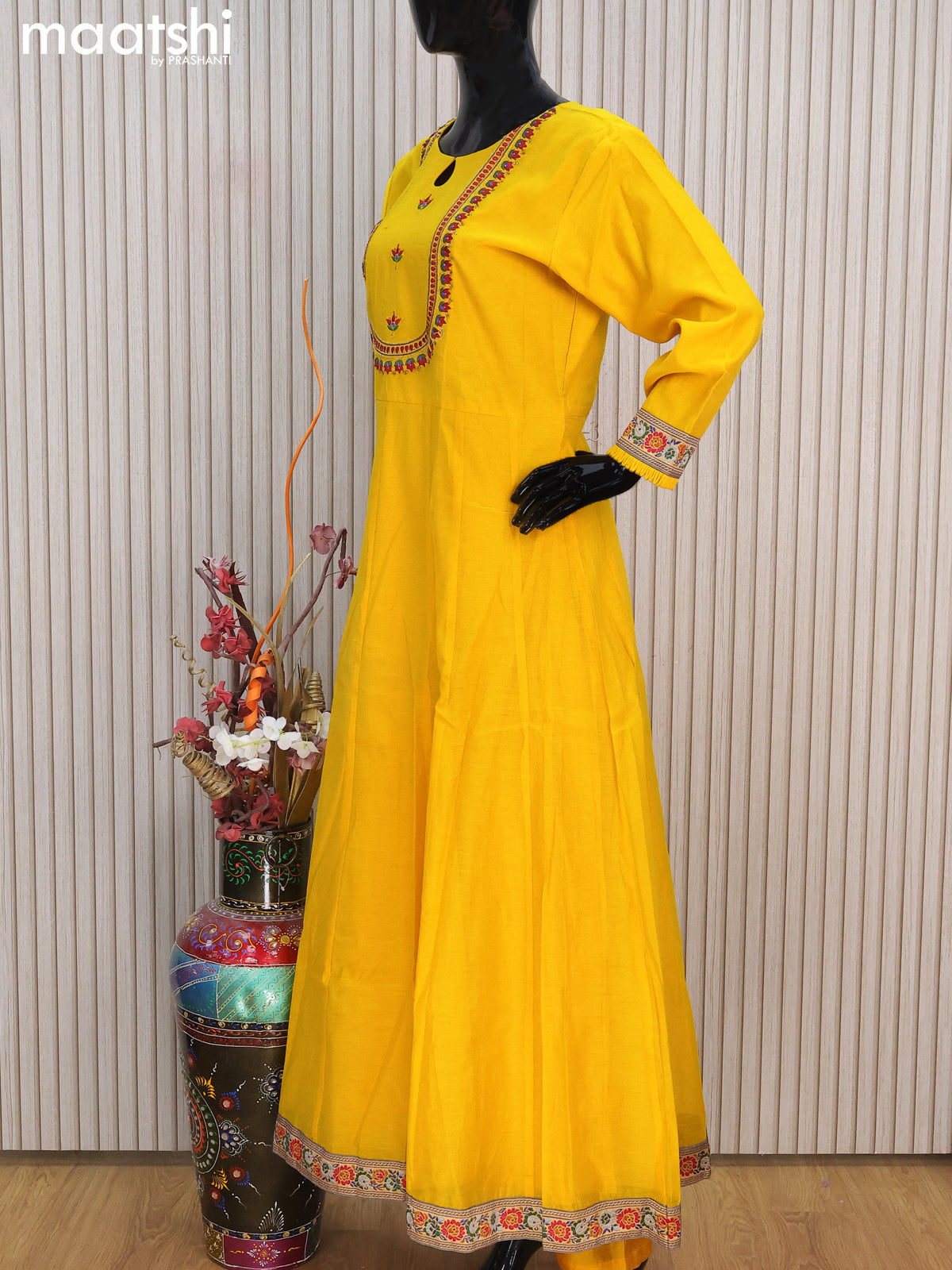 Raw silk readymade anarkali salwar suits yellow with embroidery work neck pattern and straight cut pant & dupatta