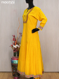 Raw silk readymade anarkali salwar suits yellow with embroidery work neck pattern and straight cut pant & dupatta