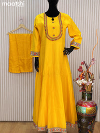 Raw silk readymade anarkali salwar suits yellow with embroidery work neck pattern and straight cut pant & dupatta