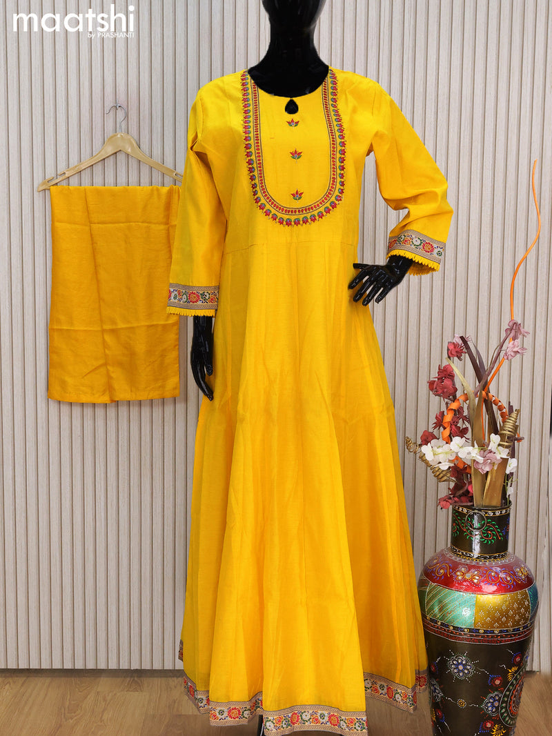 Raw silk readymade anarkali salwar suits yellow with embroidery work neck pattern and straight cut pant & dupatta
