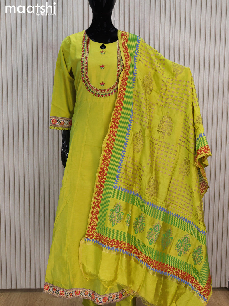 Raw silk readymade anarkali salwar suits light green with embroidery work neck pattern and straight cut pant & dupatta