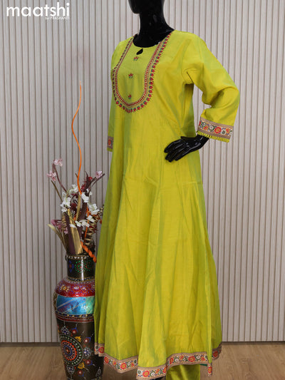 Raw silk readymade anarkali salwar suits light green with embroidery work neck pattern and straight cut pant & dupatta