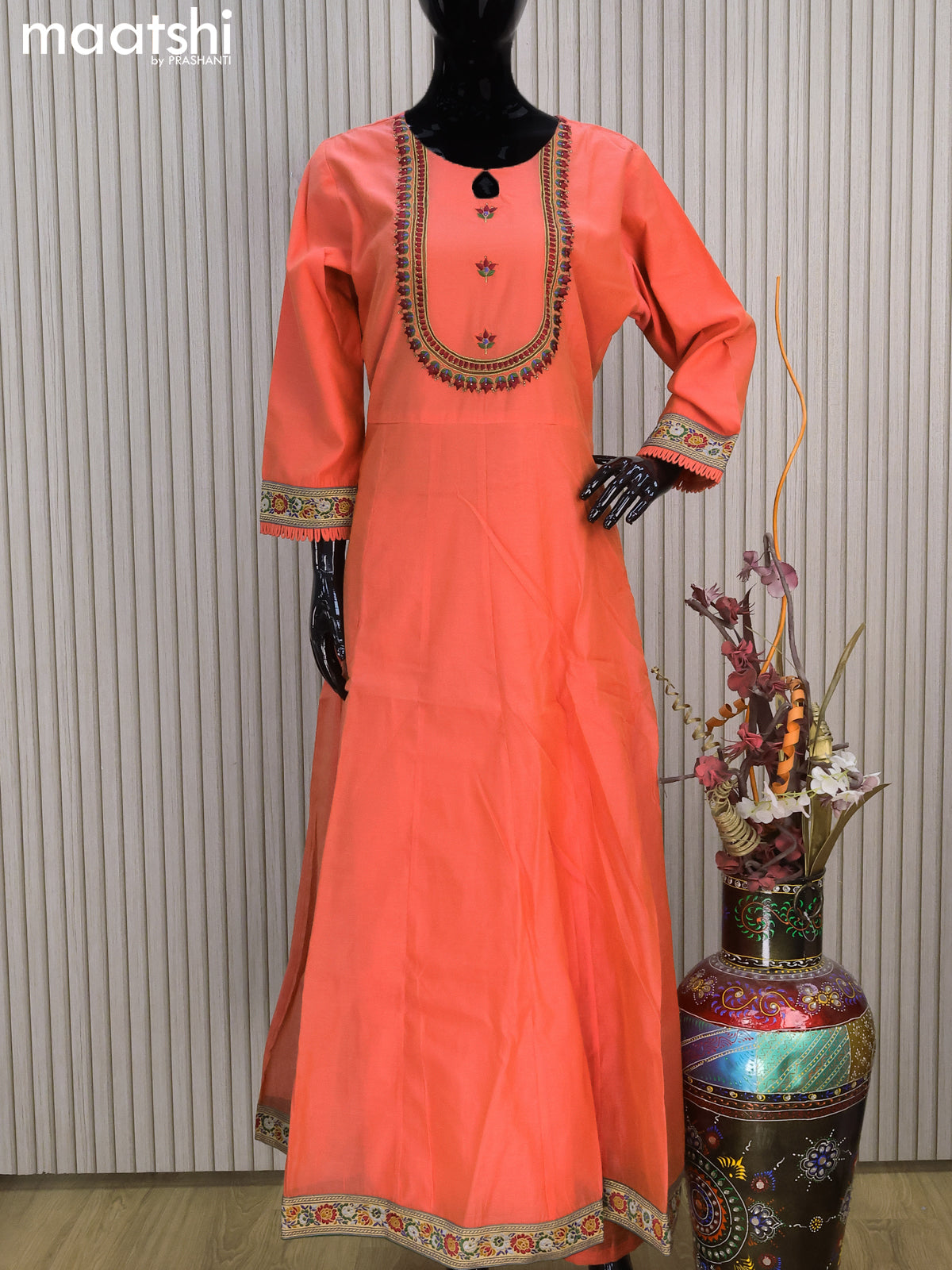 Raw silk readymade anarkali salwar suits peach orange shade with embroidery work neck pattern and straight cut pant & dupatta