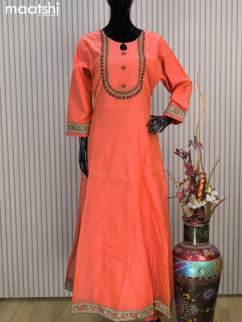 Raw silk readymade anarkali salwar suits peach orange shade with embroidery work neck pattern and straight cut pant & dupatta