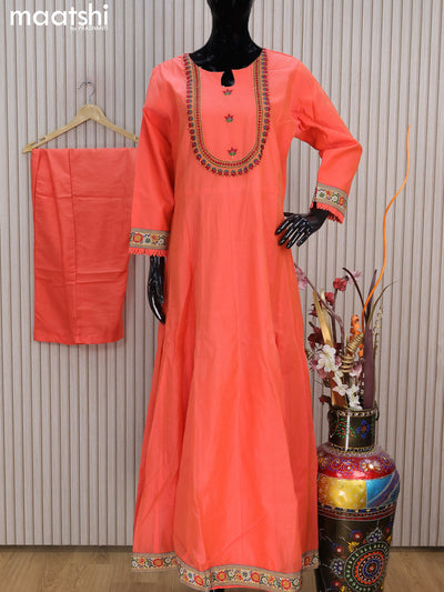 Raw silk readymade anarkali salwar suits peach orange shade with embroidery work neck pattern and straight cut pant & dupatta