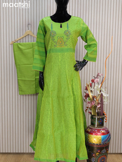 Raw silk readymade anarkali salwar suits green with allover prints & embroidery work neck pattern and straight cut pant & dupatta