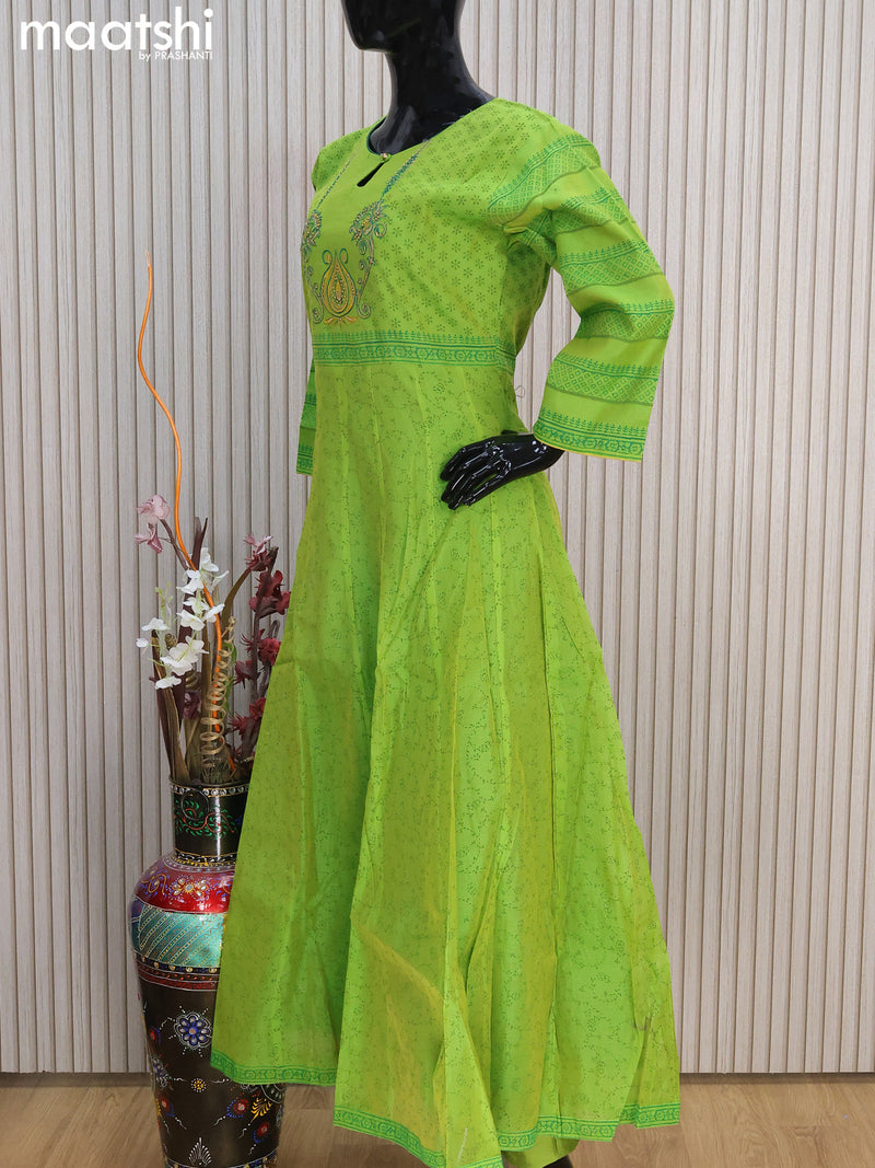 Raw silk readymade anarkali salwar suits green with allover prints & embroidery work neck pattern and straight cut pant & dupatta