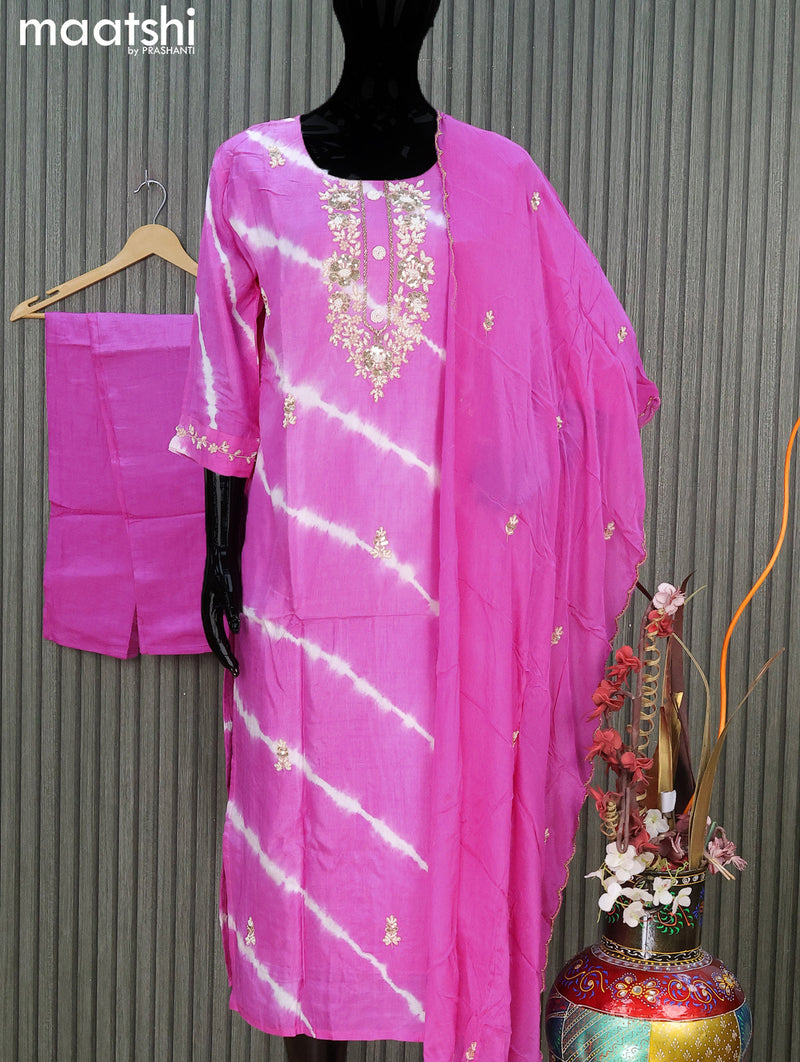 Chanderi readymade salwar suit pink with tie and dye prints & sequin beaded work neck pattern and straight cut pant & chiffon dupatta