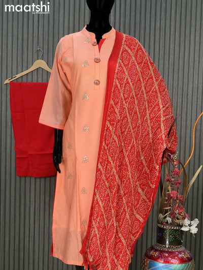 Chanderi readymade salwar suit peach orange and red with sequin work & simple neck pattern and straight cut pant & bandhani prints dupatta
