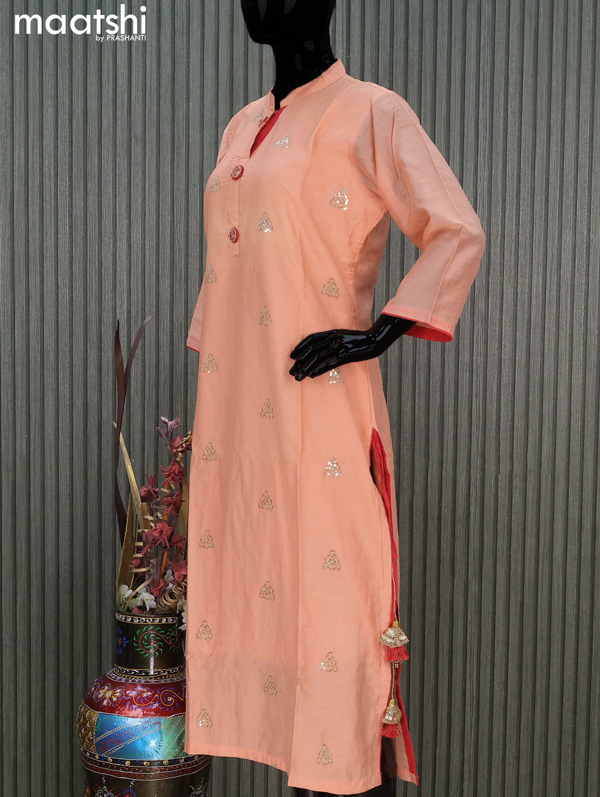 Chanderi readymade salwar suit peach orange and red with sequin work & simple neck pattern and straight cut pant & bandhani prints dupatta