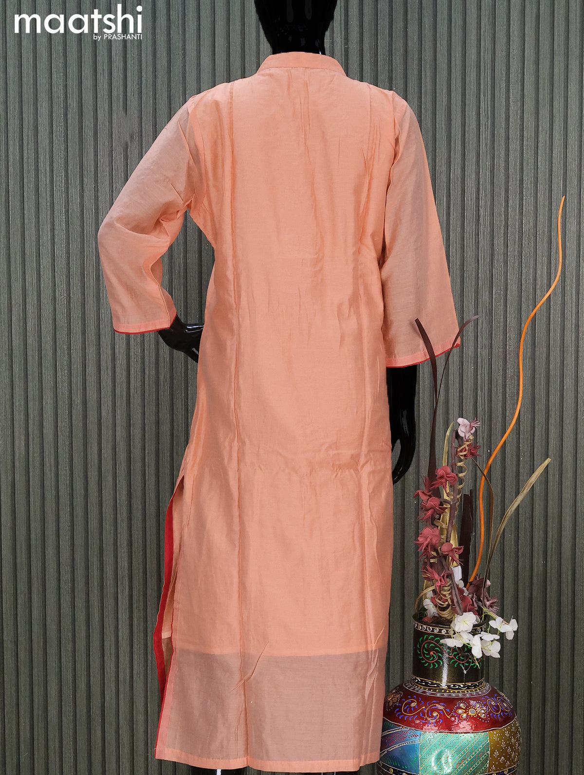 Chanderi readymade salwar suit peach orange and red with sequin work & simple neck pattern and straight cut pant & bandhani prints dupatta