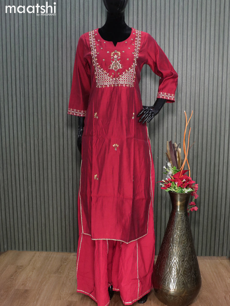 Chanderi readymade party wear salwar suits maroon with embroidery & sequin beaded work neck pattern and palazzo pant & sequin work netted dupatta