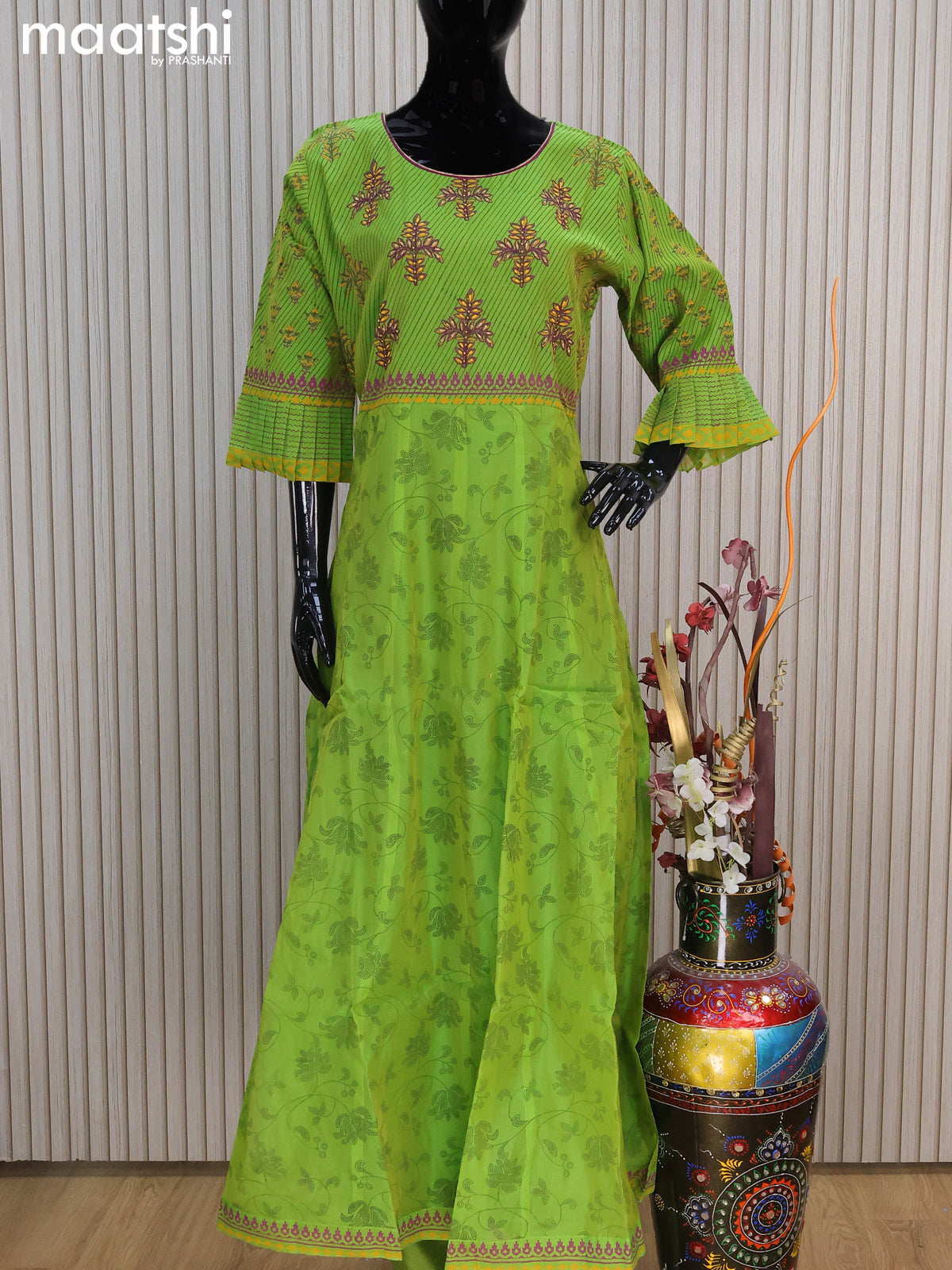 Raw silk readymade anarkali salwar suits dual shade of green with allover prints & embroidery work neck pattern and straight cut pant & dupatta