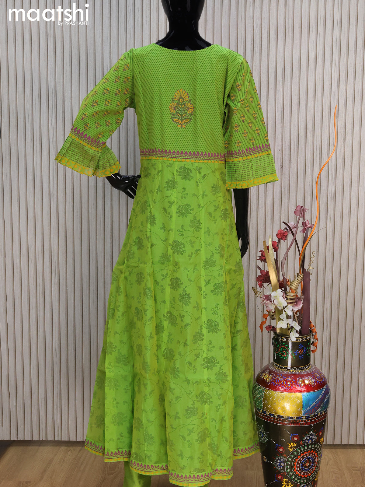 Raw silk readymade anarkali salwar suits dual shade of green with allover prints & embroidery work neck pattern and straight cut pant & dupatta