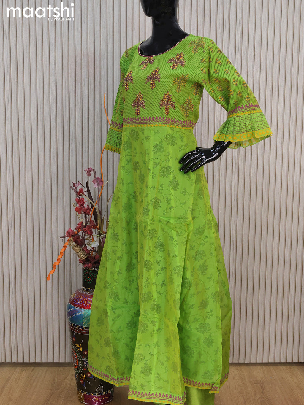 Raw silk readymade anarkali salwar suits dual shade of green with allover prints & embroidery work neck pattern and straight cut pant & dupatta