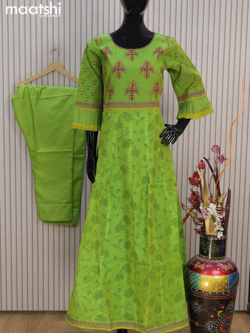 Raw silk readymade anarkali salwar suits dual shade of green with allover prints & embroidery work neck pattern and straight cut pant & dupatta
