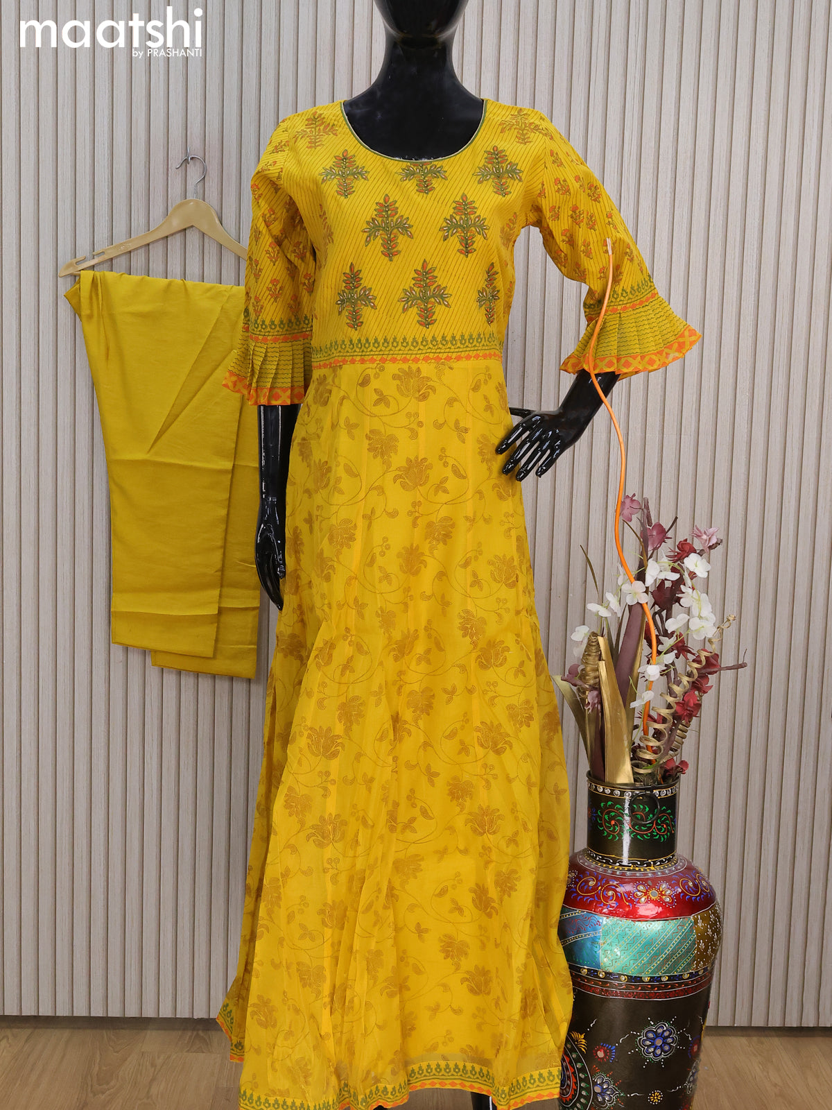 Raw silk readymade anarkali salwar suits yellow with allover prints & embroidery work neck pattern and straight cut pant & dupatta