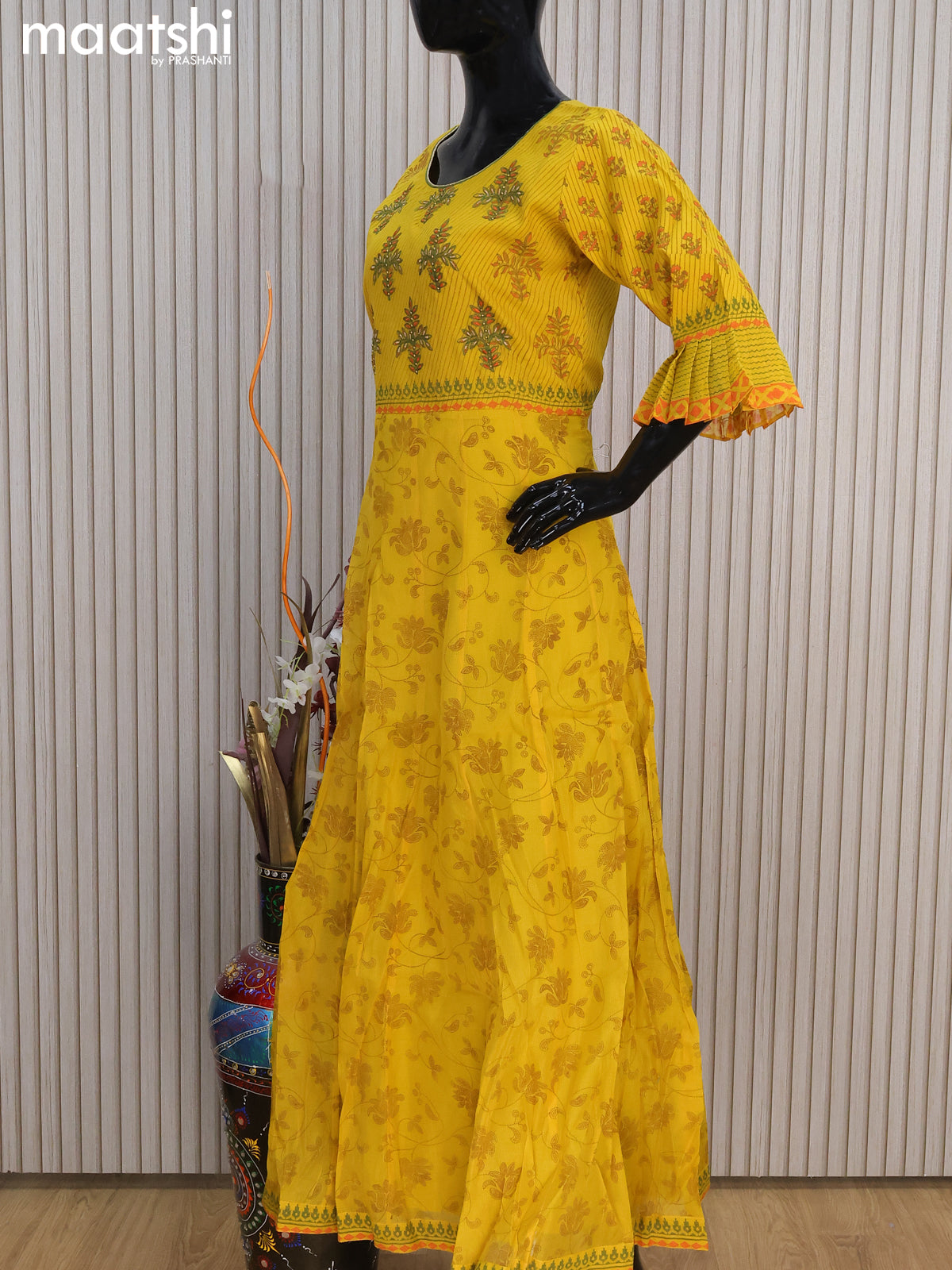 Raw silk readymade anarkali salwar suits yellow with allover prints & embroidery work neck pattern and straight cut pant & dupatta