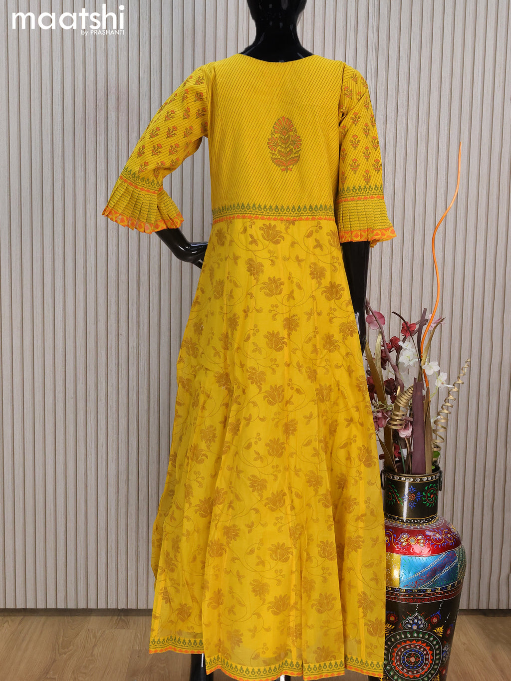Raw silk readymade anarkali salwar suits yellow with allover prints & embroidery work neck pattern and straight cut pant & dupatta