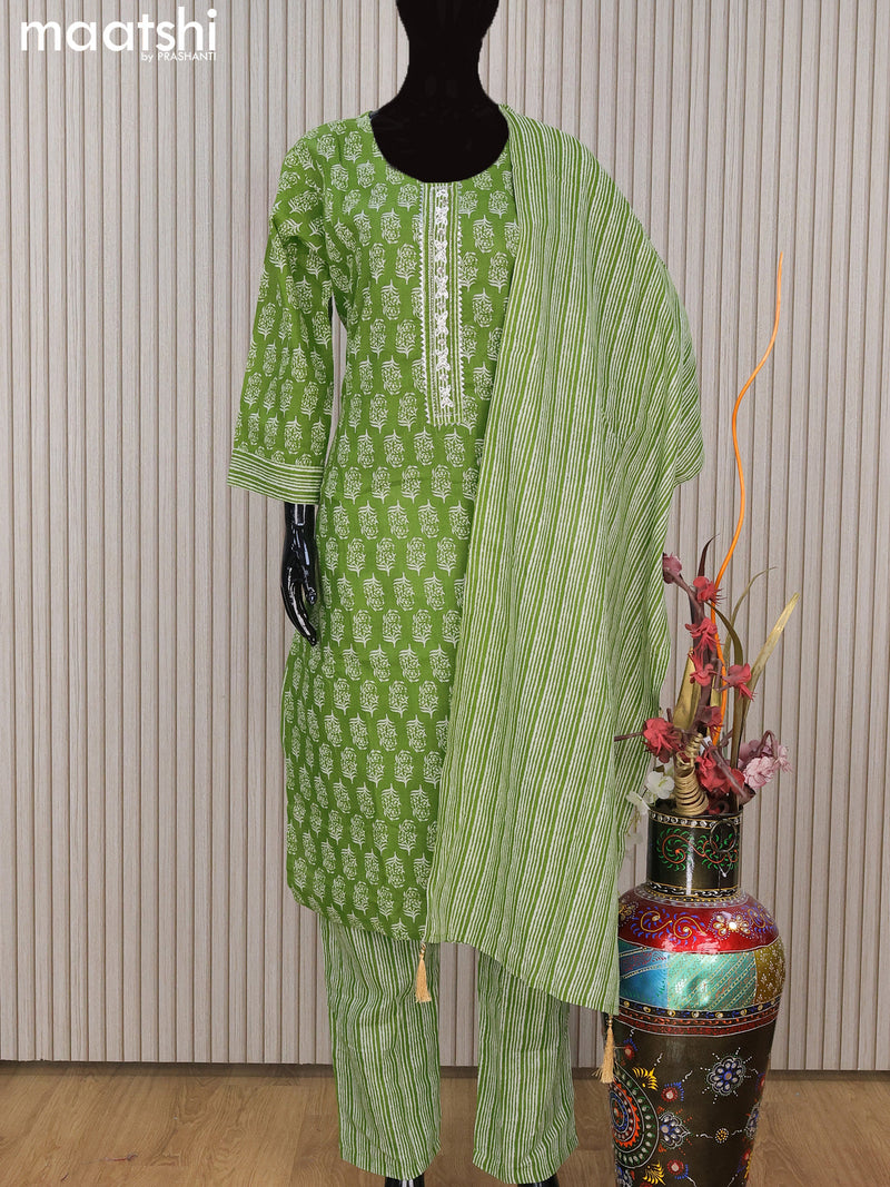 Cotton readymade salwar suit green with allover prints & beaded stone work neck pattern and straight cut pant & dupatta