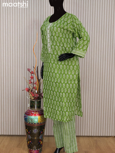 Cotton readymade salwar suit green with allover prints & beaded stone work neck pattern and straight cut pant & dupatta