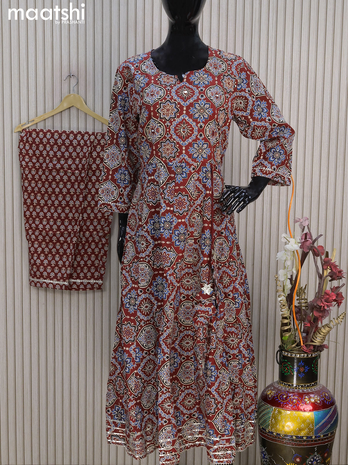 Cotton readymade anarkali salwar suits maroon with allover ajrakh prints & mirror sequin work neck pattern and straight cut pant & gotapatti lace work dupatta