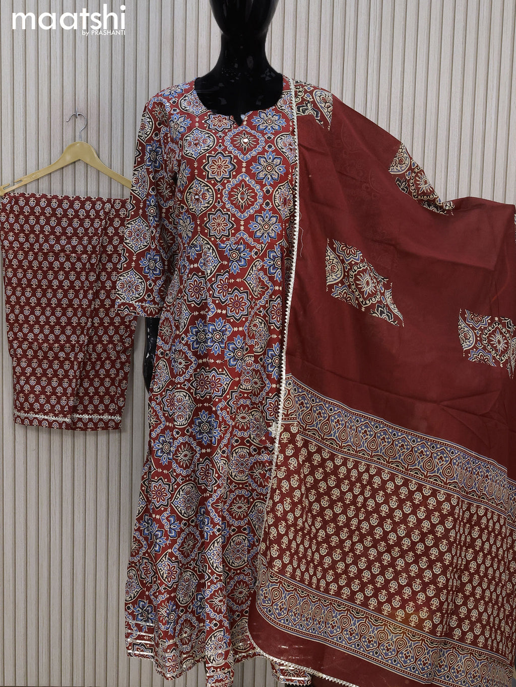 Cotton readymade anarkali salwar suits maroon with allover ajrakh prints & mirror sequin work neck pattern and straight cut pant & gotapatti lace work dupatta