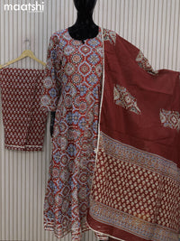 Cotton readymade anarkali salwar suits maroon with allover ajrakh prints & mirror sequin work neck pattern and straight cut pant & gotapatti lace work dupatta