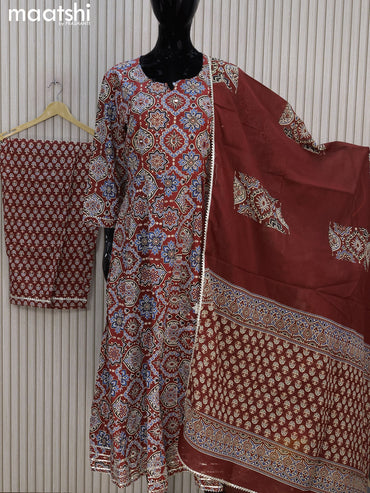 Cotton readymade anarkali salwar suits maroon with allover ajrakh prints & mirror sequin work neck pattern and straight cut pant & gotapatti lace work dupatta
