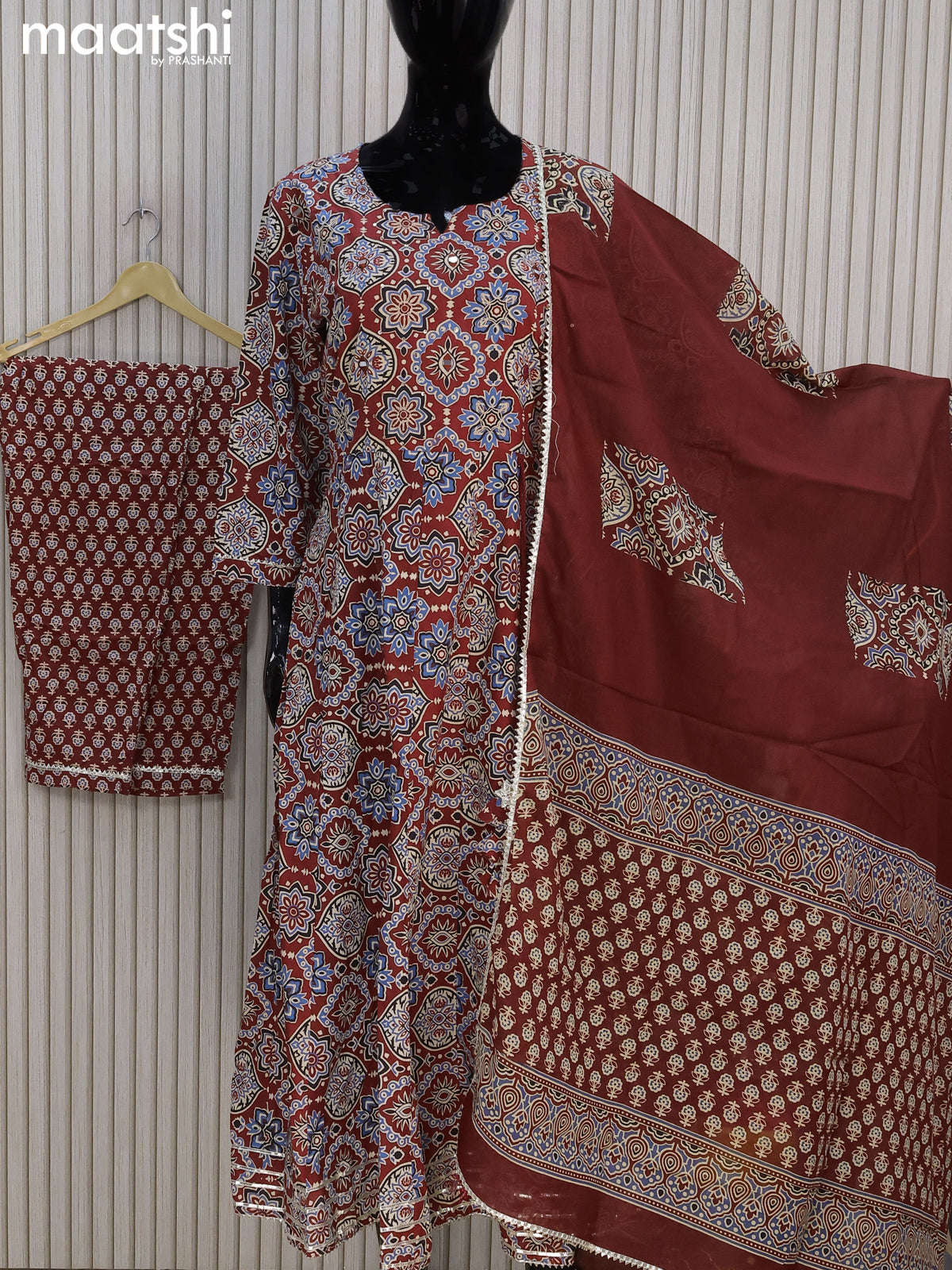 Cotton readymade anarkali salwar suits maroon with allover ajrakh prints & mirror sequin work neck pattern and straight cut pant & gotapatti lace work dupatta