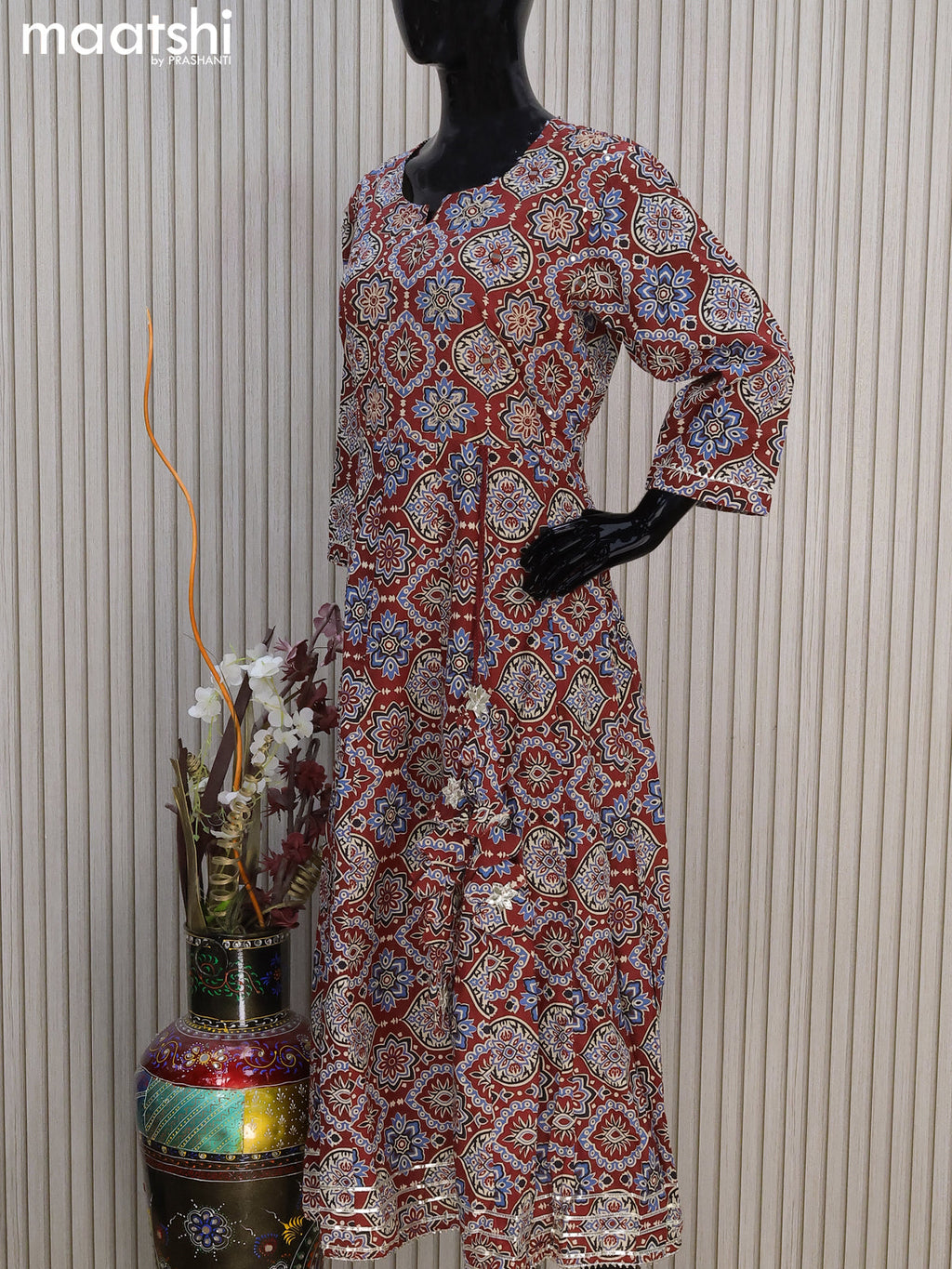 Cotton readymade anarkali salwar suits maroon with allover ajrakh prints & mirror sequin work neck pattern and straight cut pant & gotapatti lace work dupatta