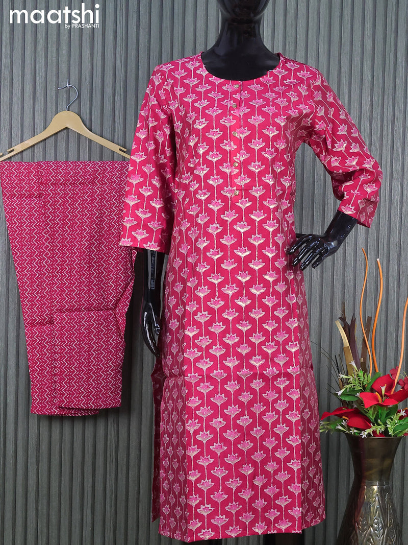 Modal readymade kurti set pink with allover prints & mirror work simple neck pattern and straight cut pant