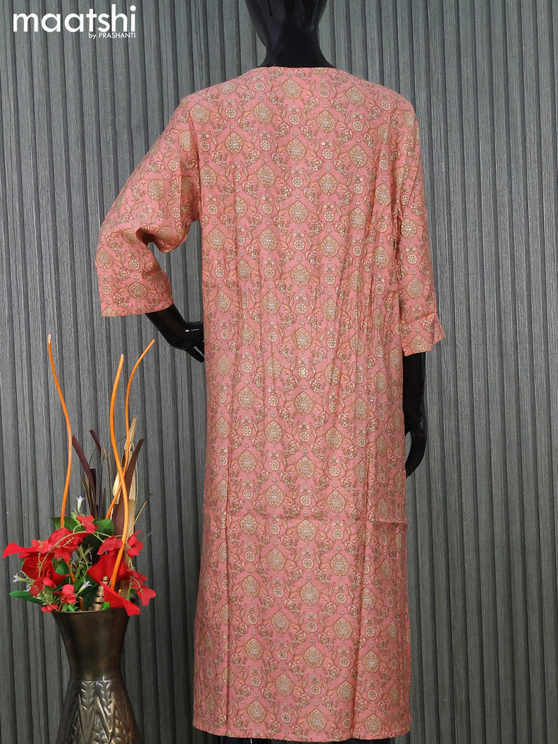 Modal readymade kurti set peach with allover prints & mirror work simple neck pattern and straight cut pant