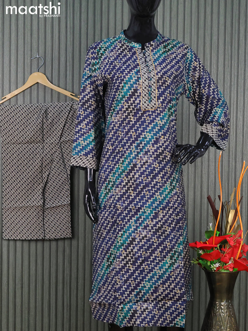 Modal readymade kurti set blue and beige with zig zag prints & gottapatti lace work neck pattern and straight cut pant