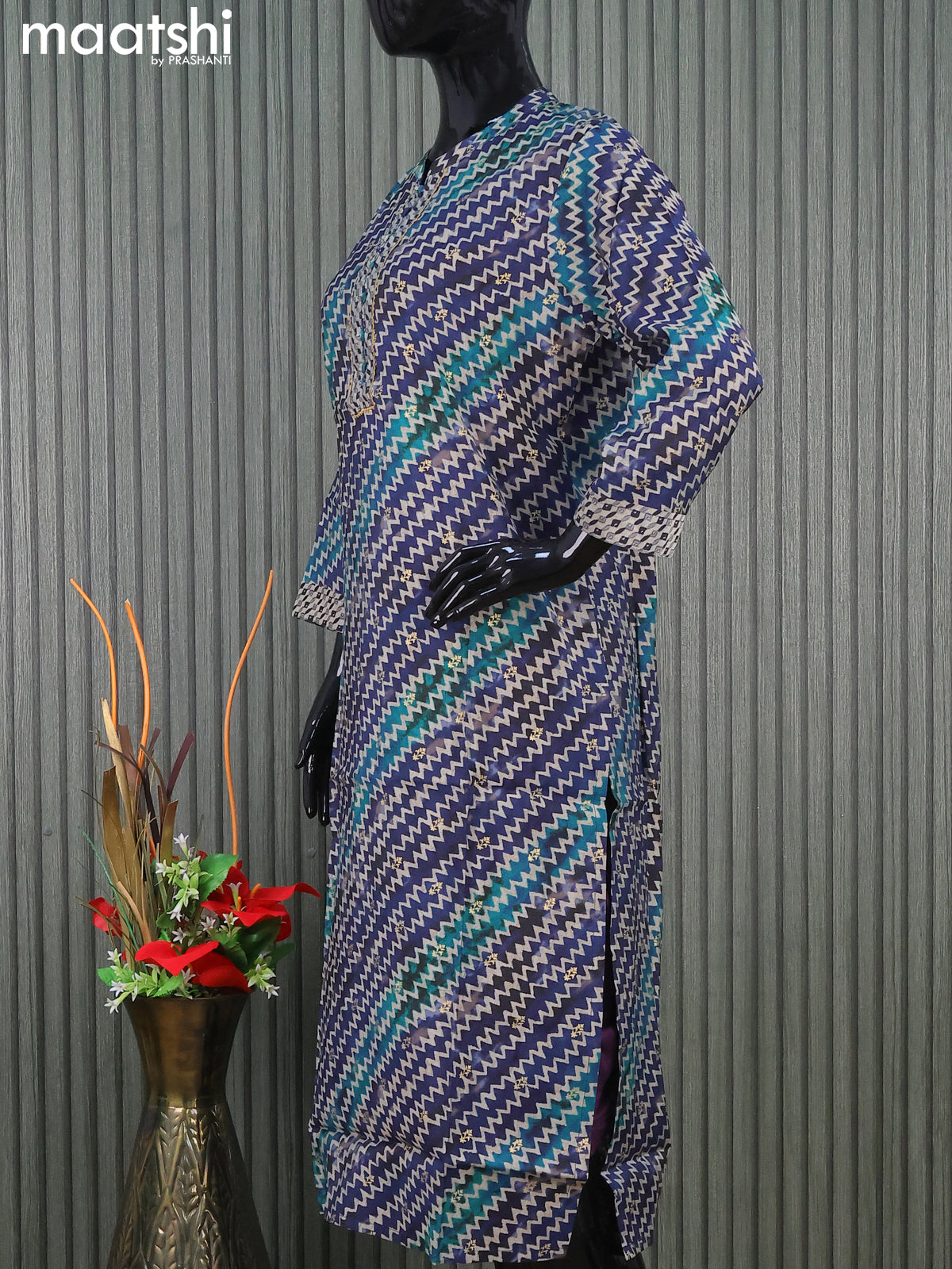 Modal readymade kurti set blue and beige with zig zag prints & gottapatti lace work neck pattern and straight cut pant