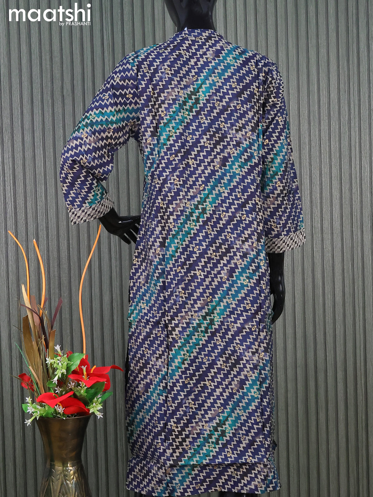 Modal readymade kurti set blue and beige with zig zag prints & gottapatti lace work neck pattern and straight cut pant