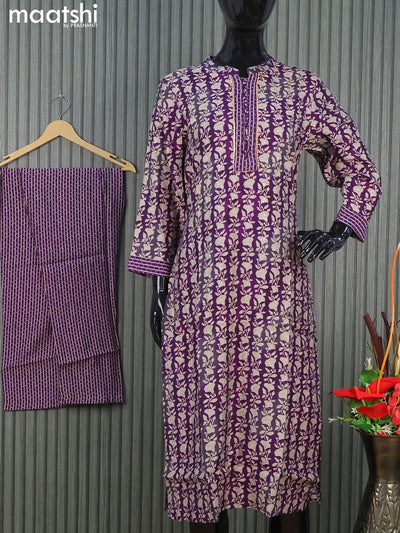 Modal readymade kurti set purple with allover prints & gottapatti lace work neck pattern and straight cut pant