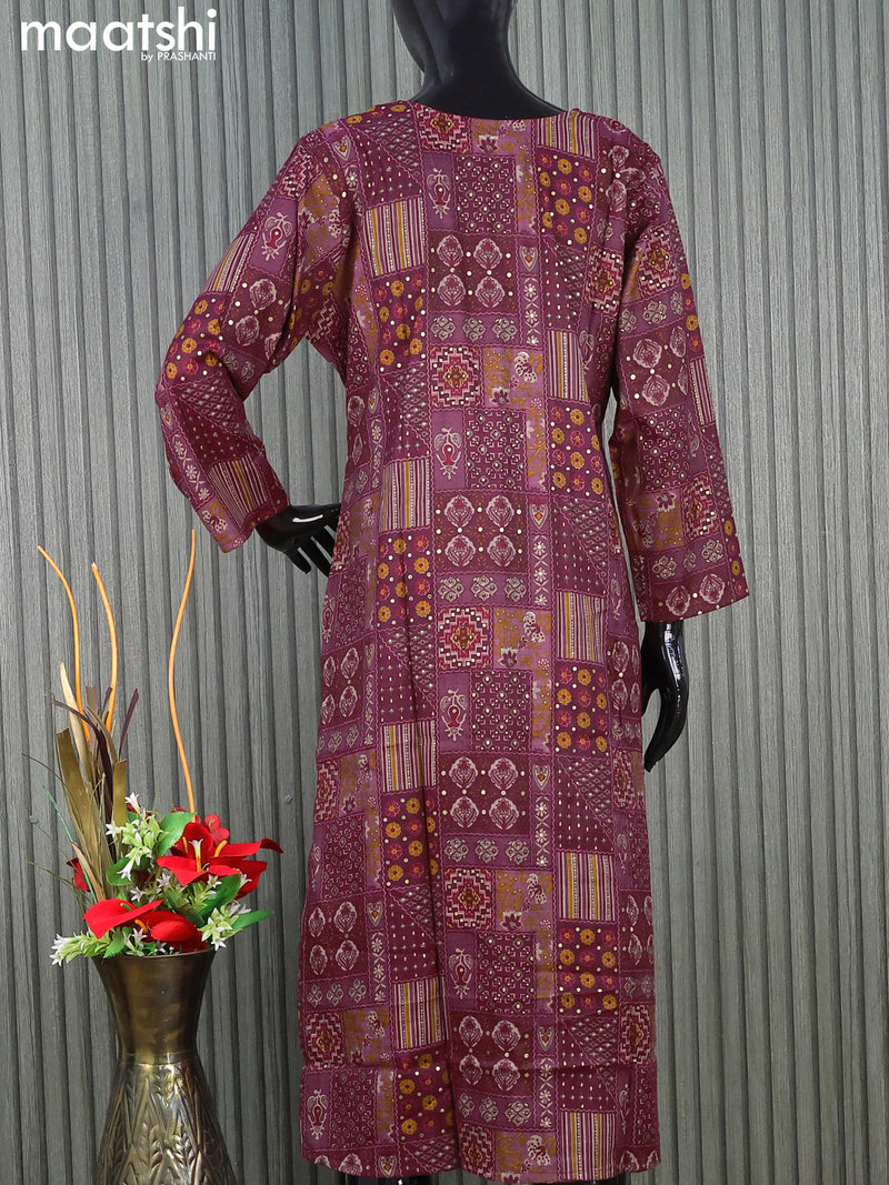 Rayon readymade kurti set dark magenta pink with allover prints & simple neck pattern and straight cut pant