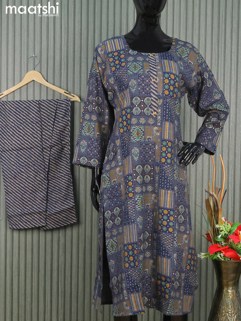 Rayon readymade kurti set blue with allover prints & simple neck pattern and straight cut pant