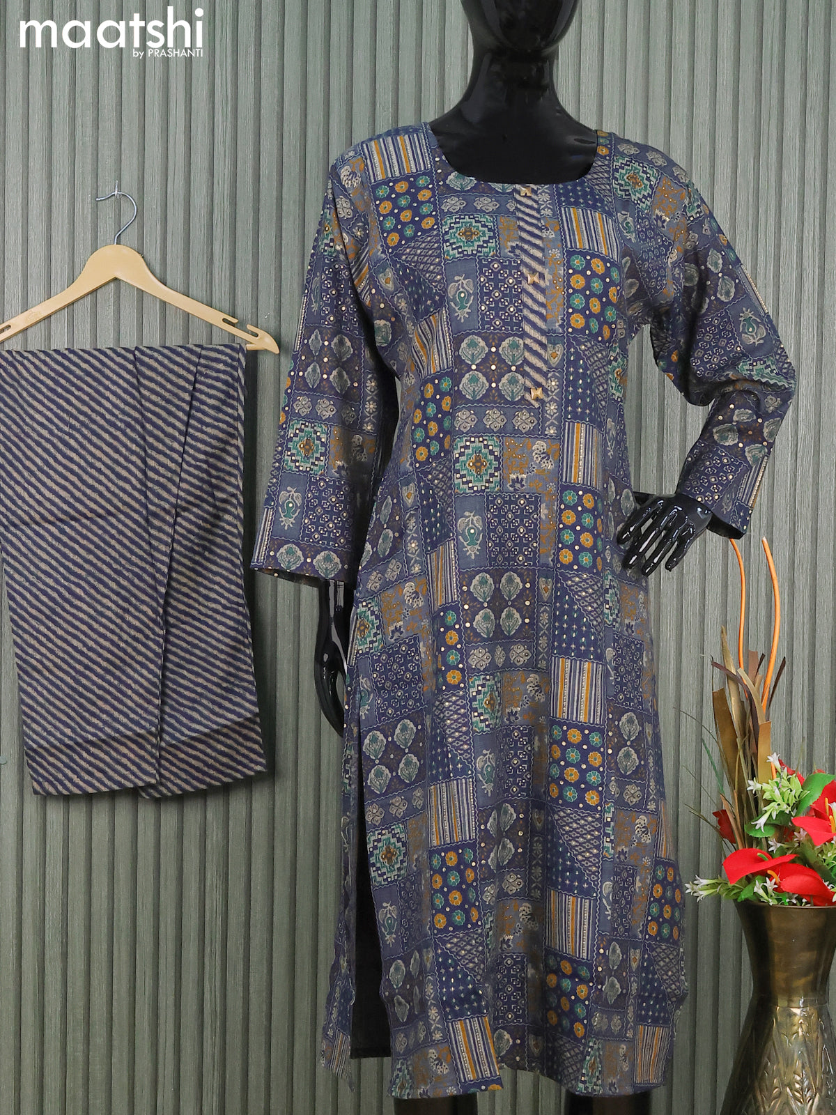 Rayon readymade kurti set blue with allover prints & simple neck pattern and straight cut pant