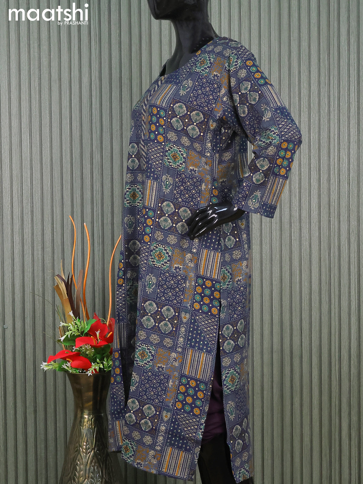 Rayon readymade kurti set blue with allover prints & simple neck pattern and straight cut pant
