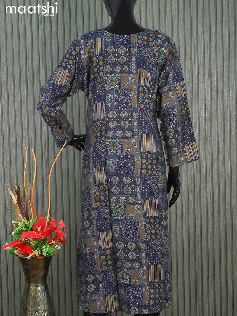 Rayon readymade kurti set blue with allover prints & simple neck pattern and straight cut pant