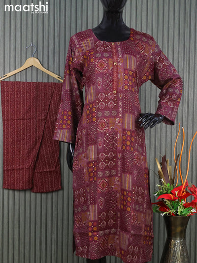 Rayon readymade kurti set dark magenta pink and maroon with allover prints & simple neck pattern and straight cut pant