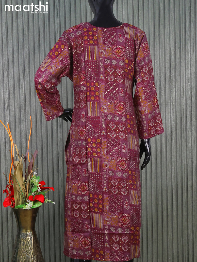 Rayon readymade kurti set dark magenta pink and maroon with allover prints & simple neck pattern and straight cut pant