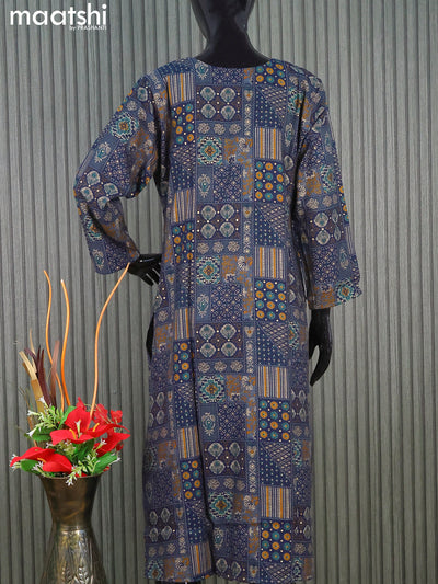 Rayon readymade kurti set blue with allover prints & simple neck pattern and straight cut pant