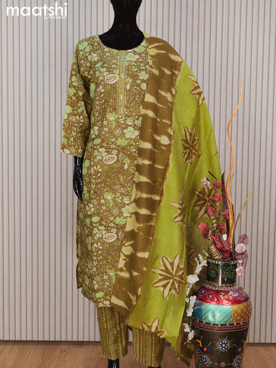 Modal readymade salwar suit sap green with allover kalamkari prints & simple neck pattern and straight cut pant & printed dupatta